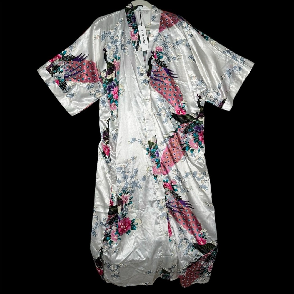 BABEYOND Peacock Satin Robe One Size Pearl White Kimono Floral Bridal Loungewear